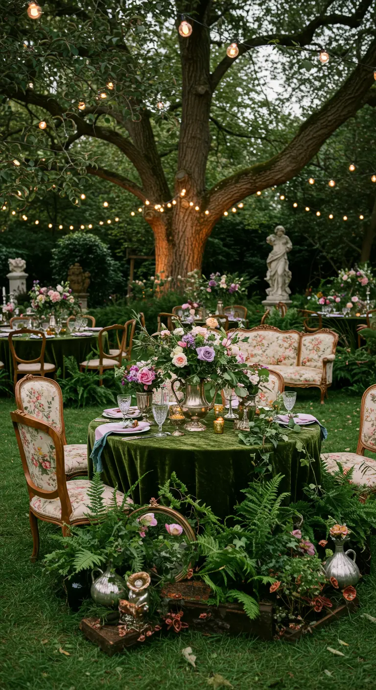 Romantische tuindiner setting met vintage meubels, fluweel en bloemen.
