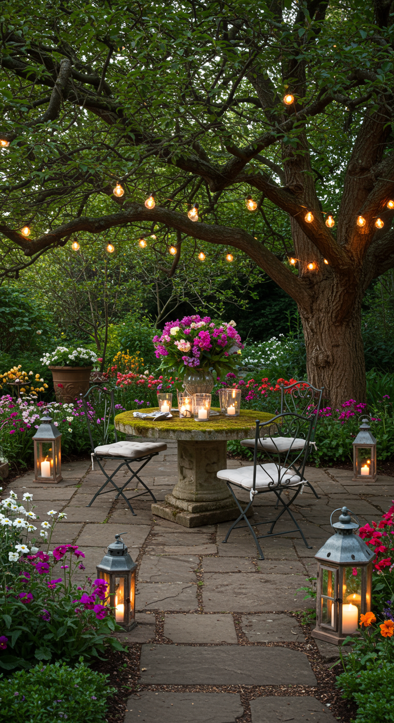 Romantische tuinsetting met ronde stenen tafel, metalen stoelen en veel bloemen.