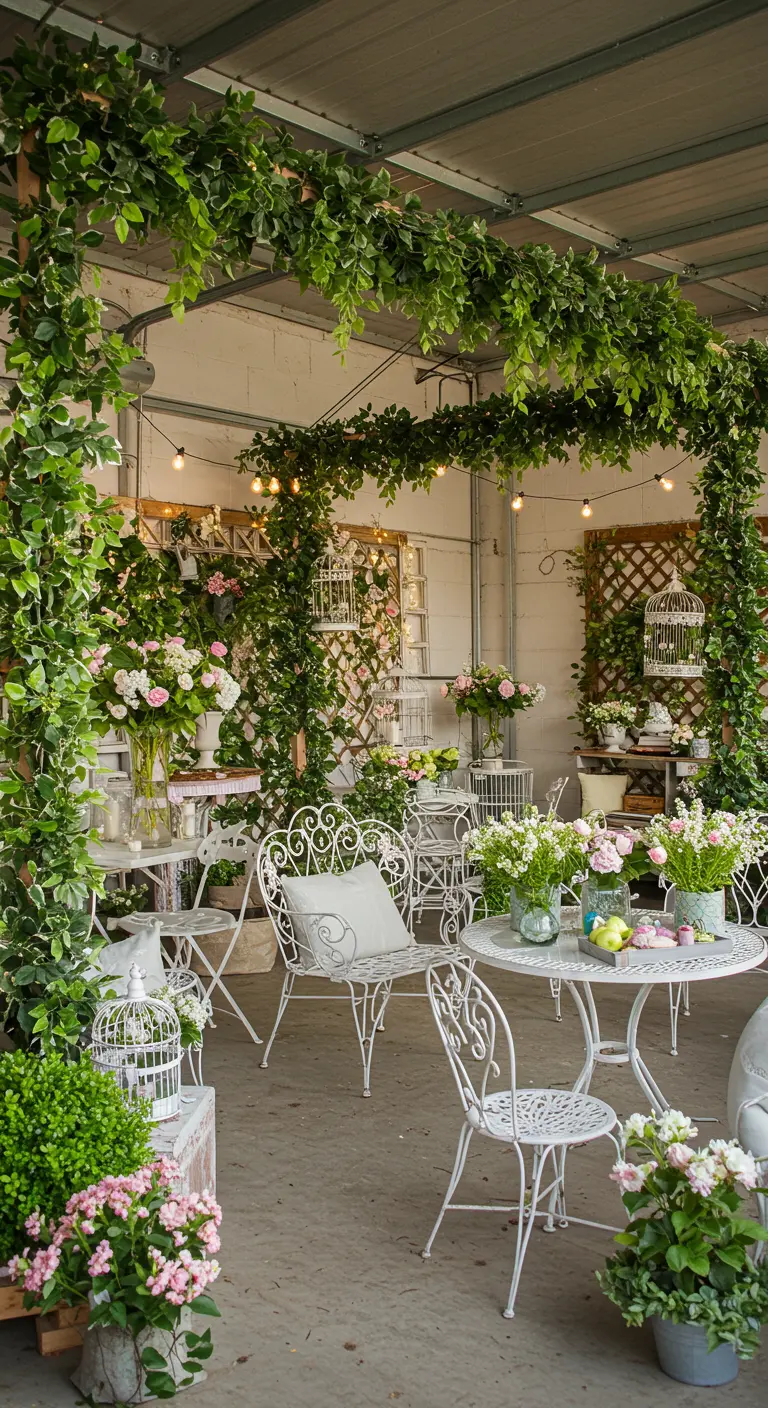 Betoverende tuinkamer in garage met veel groen, witte tuinmeubels en bloemen.