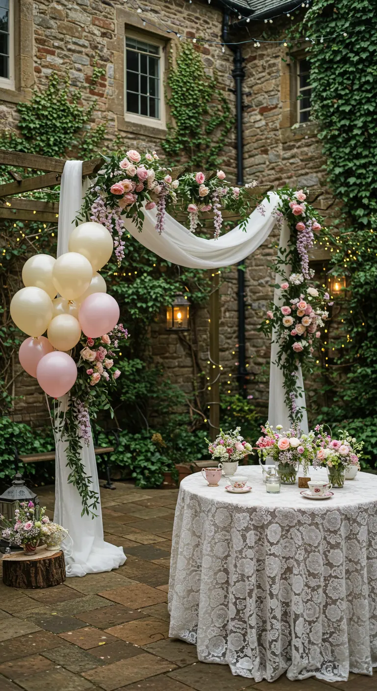 Romantische tuinboog met pastel ballonnen, rozen, witte stof en kanten tafelkleed.