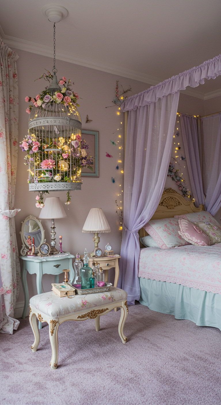 Romantische slaapkamer met versierde vogelkooi als hanglamp.