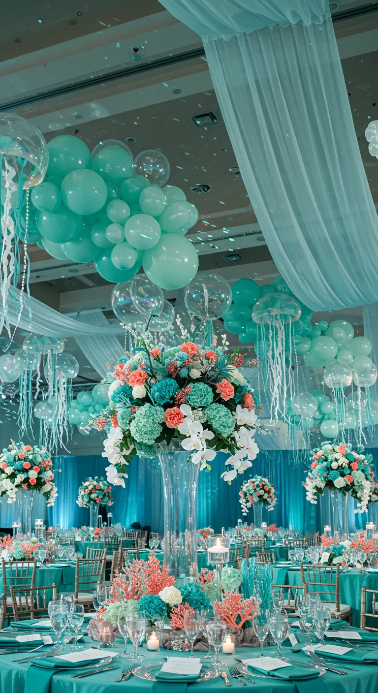 Onderwater thema feestdecoratie met turquoise ballonnen, koraalkleurige bloemen en draperieën.