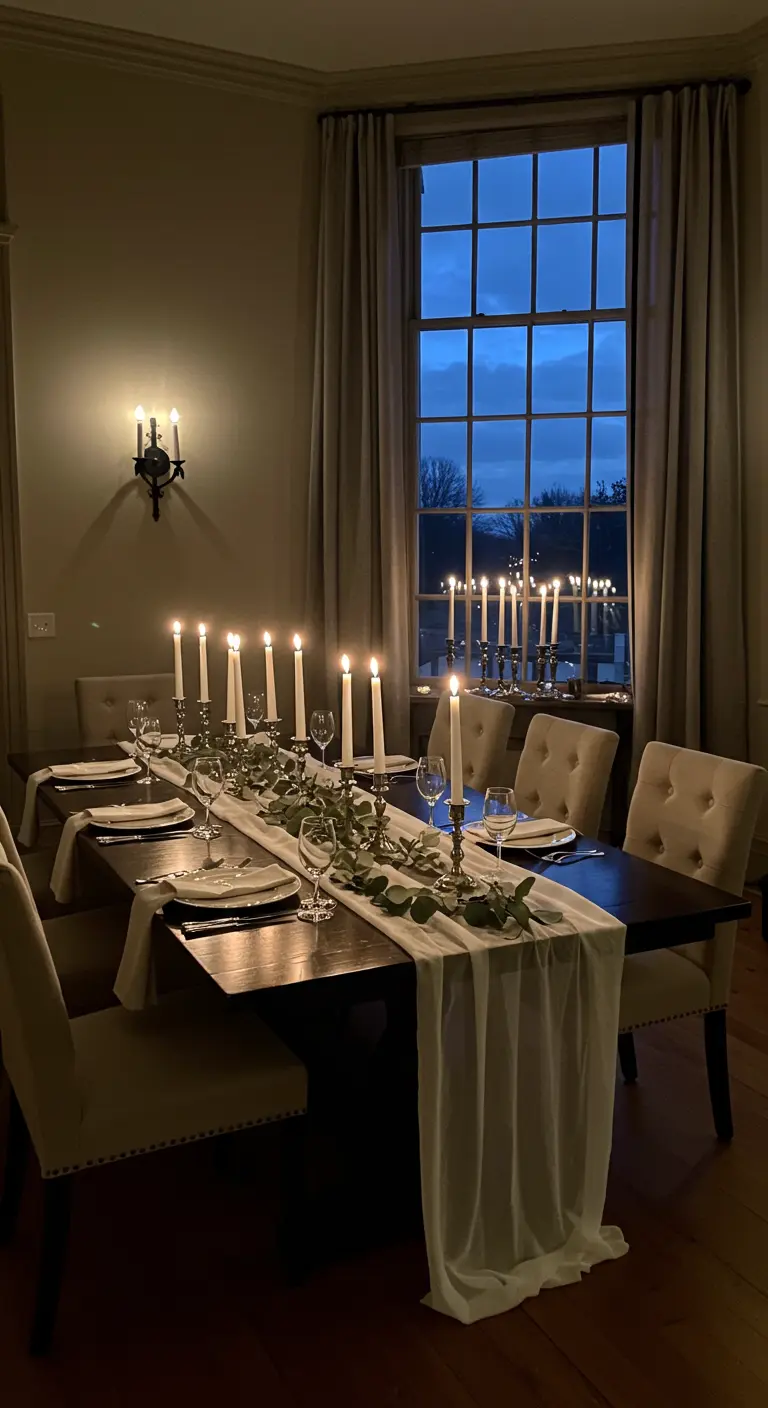 Elegante eetkamer 's avonds met lange tafel vol kaarsen en eucalyptusguirlande.