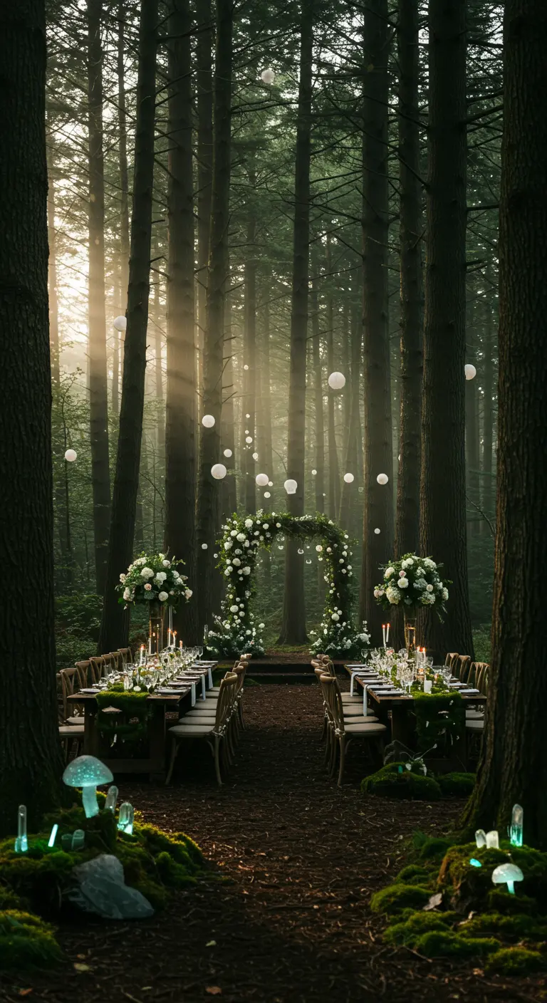 Bosbruiloft met lange tafels, witte bloemenboog, zwevende lichtbollen en gloeiende paddenstoelen.