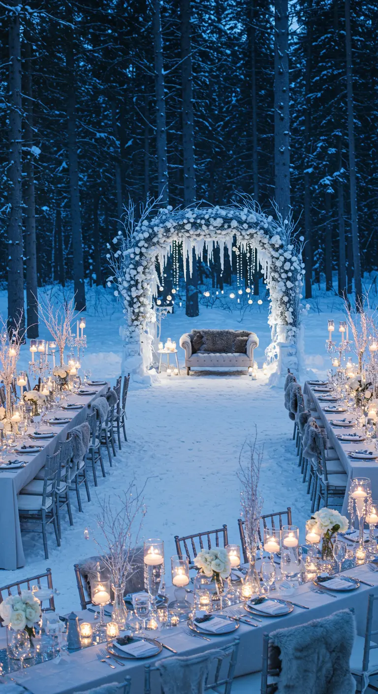 Winterbruiloft in een besneeuwd bos met een weelderige boog, kaarsen en gedekte tafels.