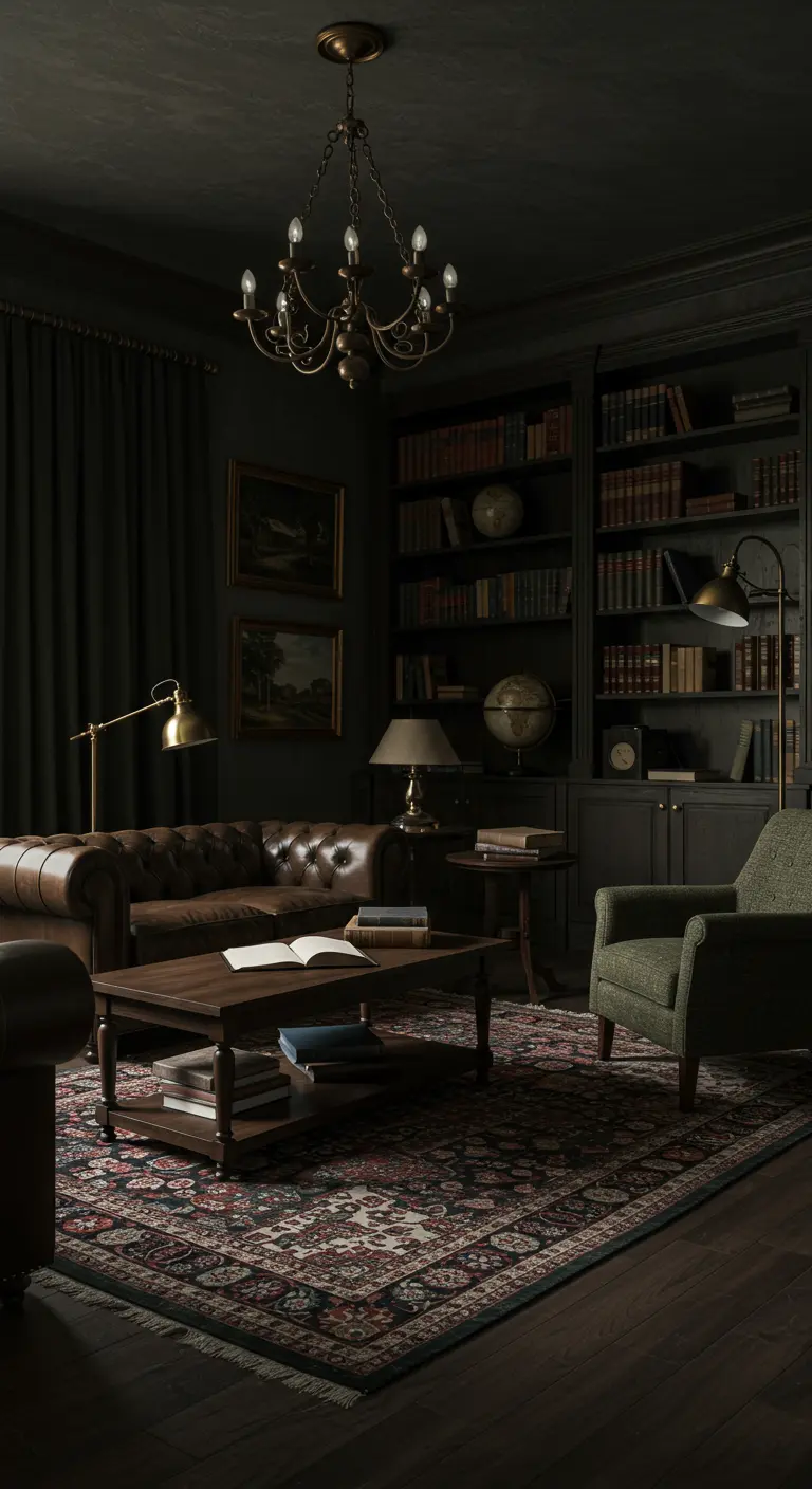Donkere, klassieke woonkamer met boekenkasten, leren Chesterfield en sfeerverlichting.
