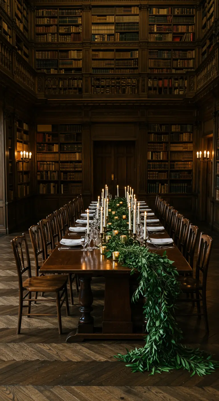Lange houten dinertafel in bibliotheek met groene guirlande en veel kaarsen.