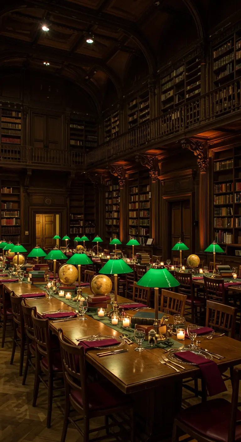 Diner in een klassieke bibliotheek met groene lampen en wereldbollen op tafel.