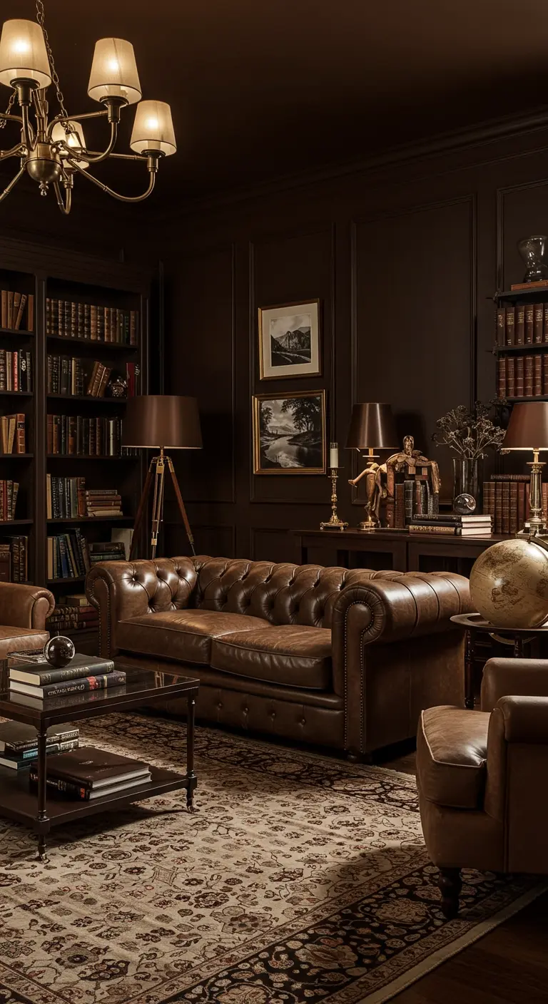 Klassieke bibliotheek-stijl woonkamer in donkerbruin en chocoladebruin met leren bank en boekenkasten.