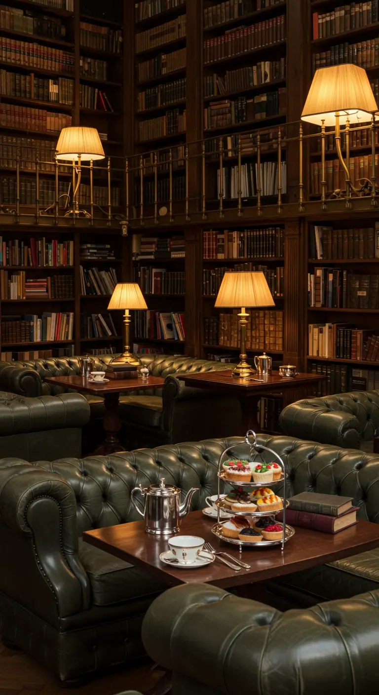 High tea setting in een klassieke bibliotheek met leren stoelen en schemerlampen.