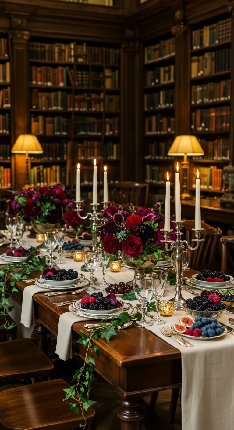 Elegante tafel in bibliotheek met donkerrode bloemen, bessen en zilveren kandelaars.
