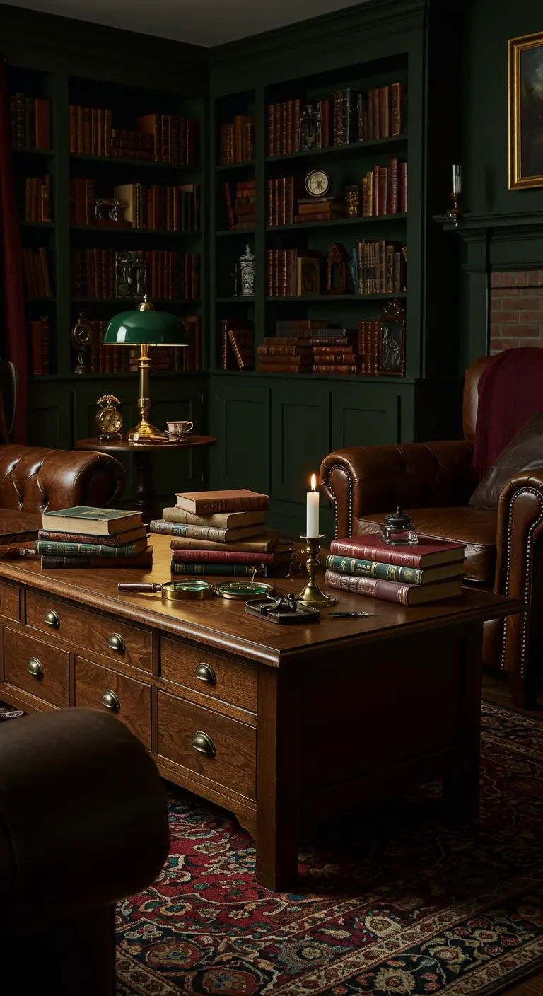 Grote houten salontafel met lades, vol boeken, met messing lamp en accessoires.