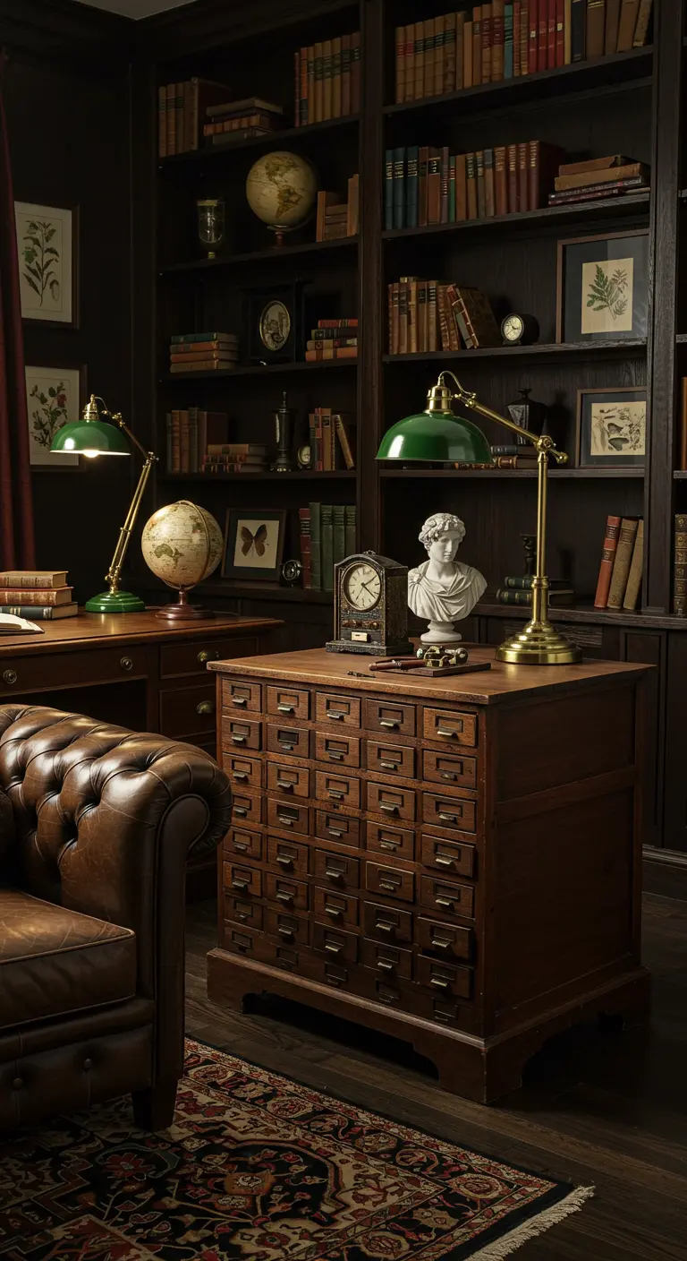 Donkerhouten apothekerskast met groene bureaulampen in een klassieke studeerkamer.