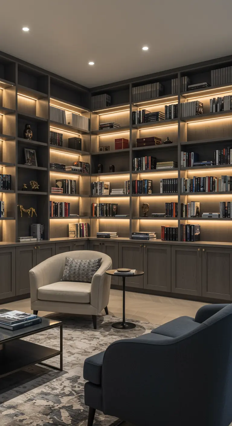 Grote bibliotheekruimte met ingebouwde kasten en geïntegreerde LED-verlichting onder de planken.