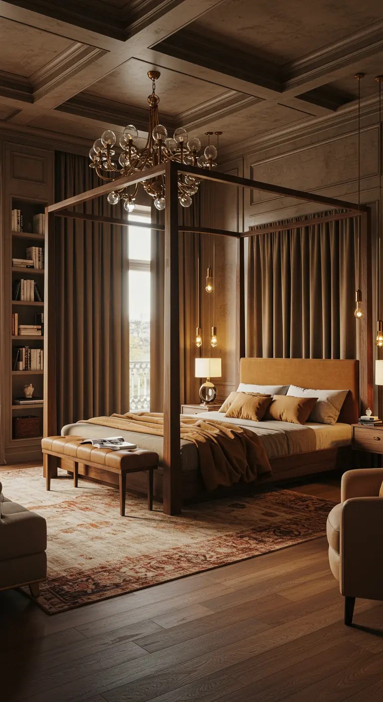 Luxe slaapkamer met modern hemelbed, ingebouwde boekenkast en donkere gordijnen.