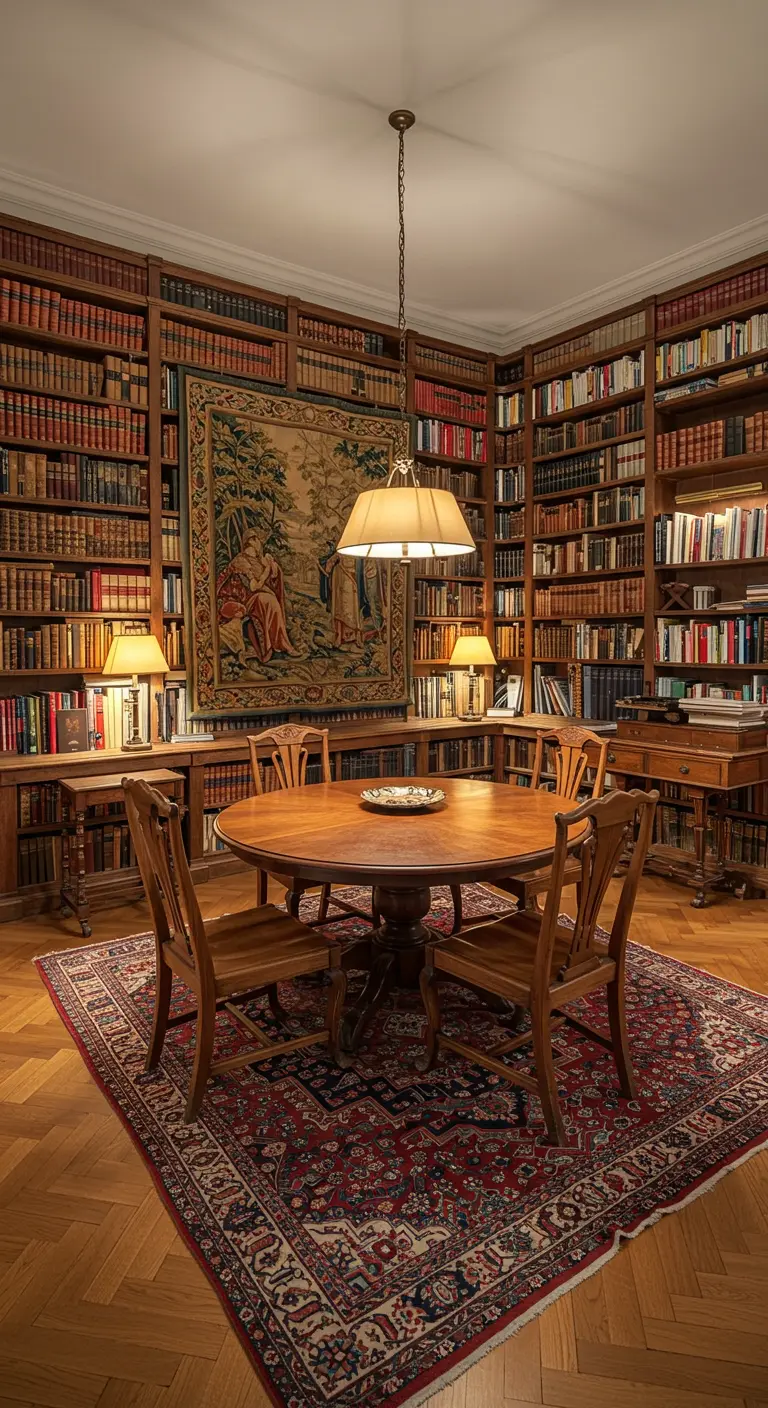 Eetruimte in bibliotheekstijl met wandtapijt tussen boekenkasten en Perzisch tapijt.