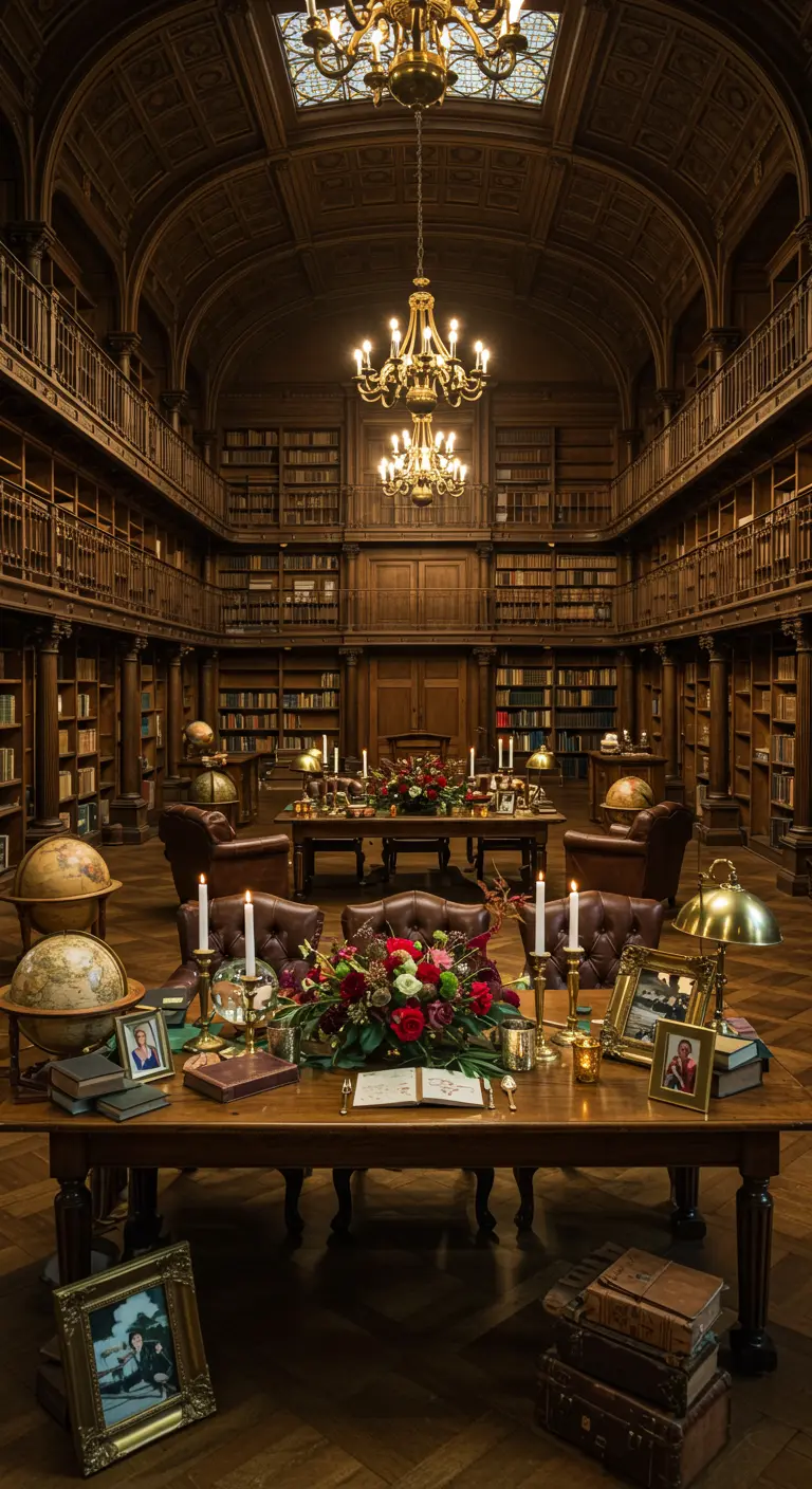 Luxe micro wedding setting in een klassieke bibliotheek met donker hout en rijke bloemen