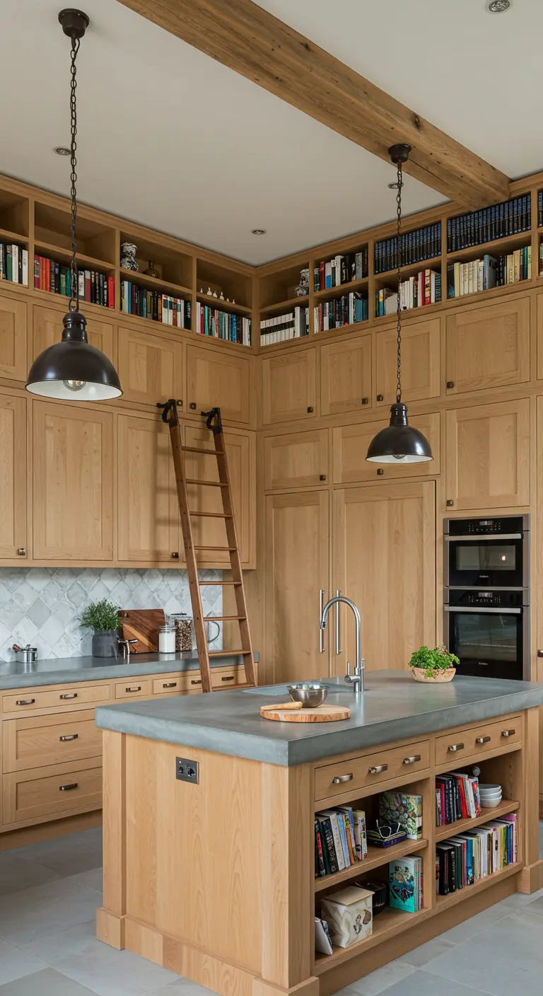 Licht houten keuken met kasten tot plafond, bibliotheekladder en boeken in eiland.