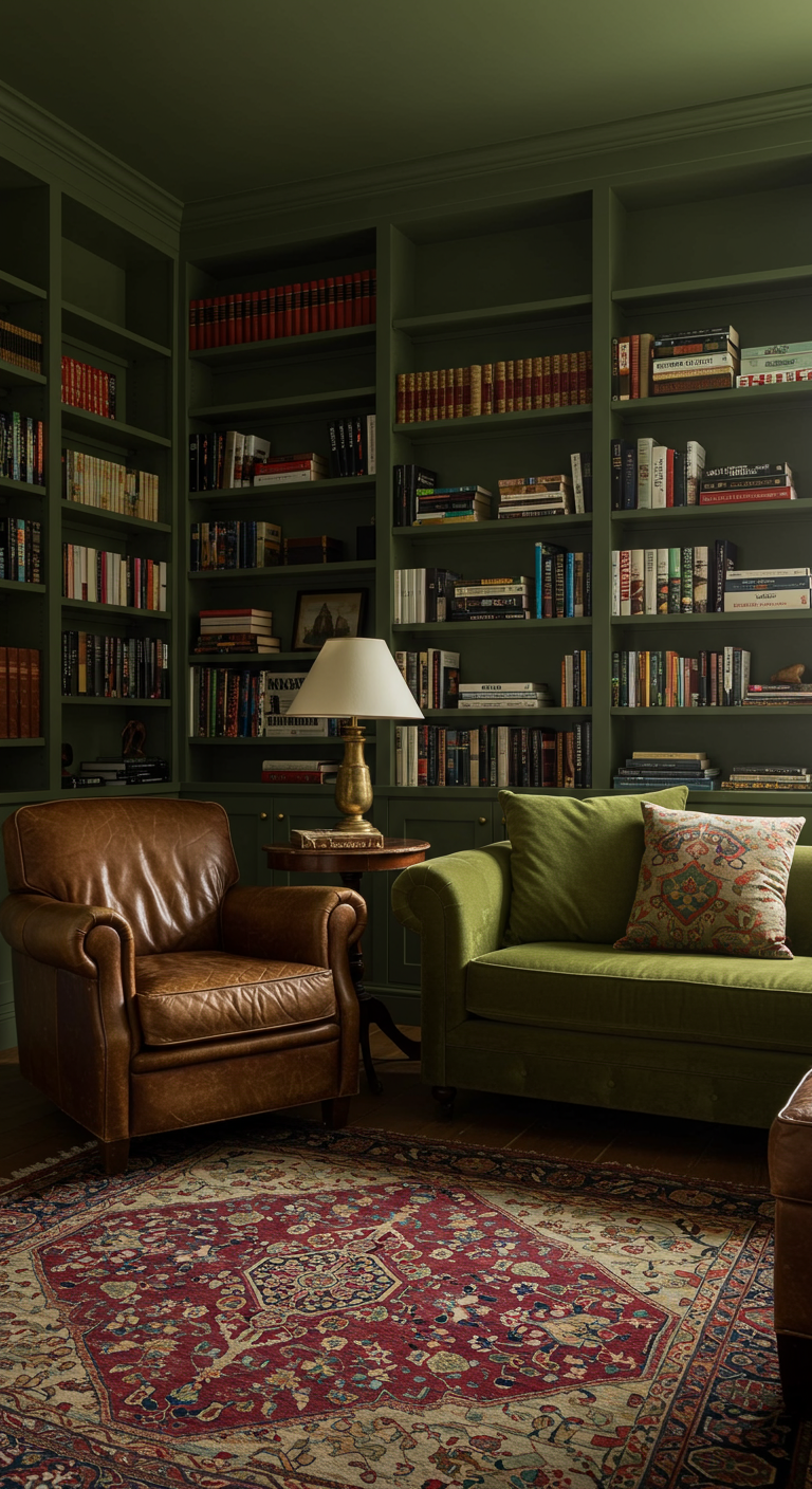 Woonkamer als bibliotheek met olijfgroene boekenkasten en comfortabele zitjes.
