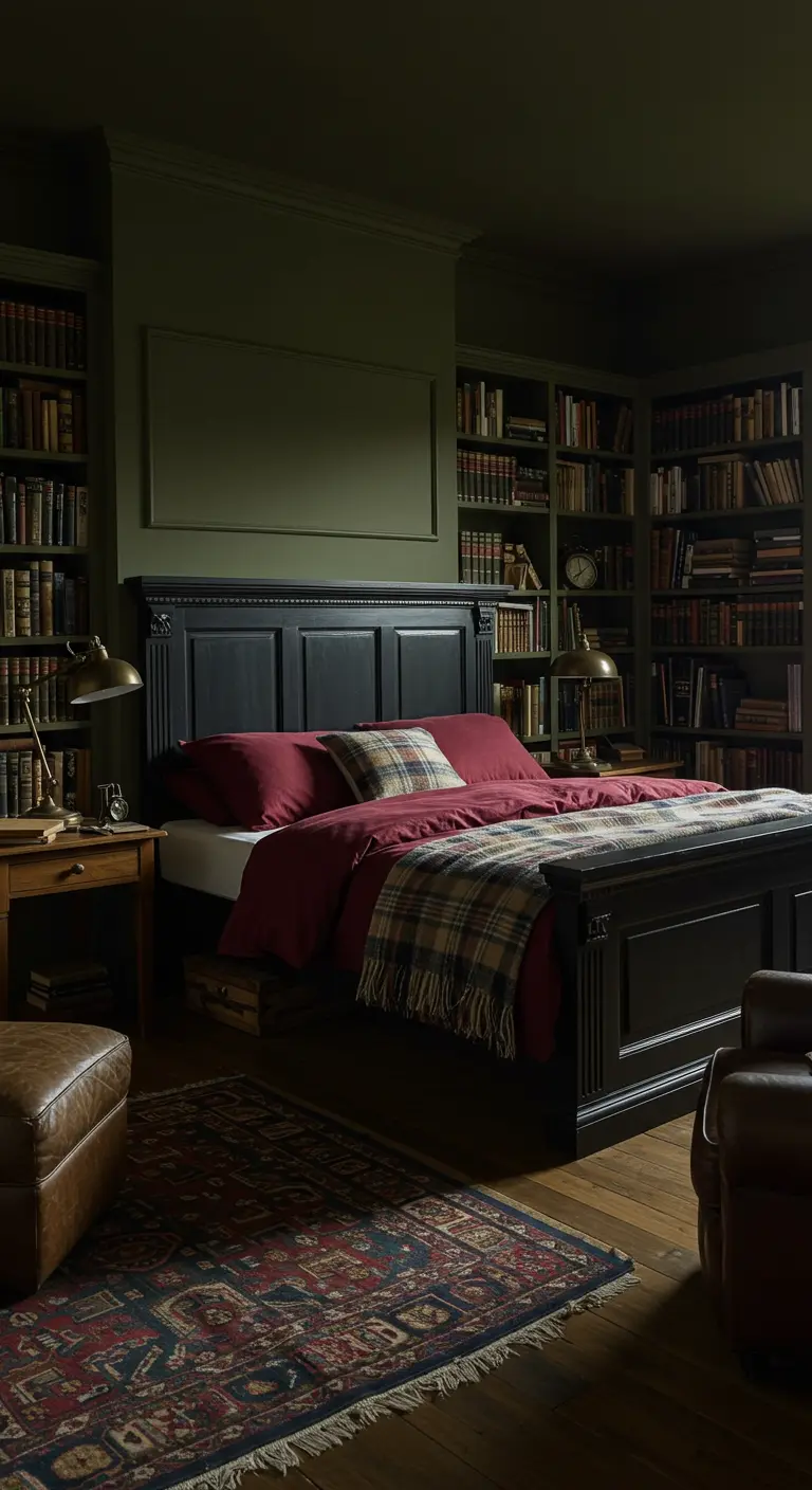 Donker geverfd statig bedframe in een slaapkamer met donkere muren en boekenkasten.