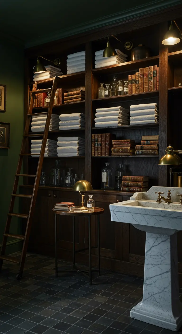 Donkere houten kastenwand in bibliotheekstijl met ladder in een klassieke badkamer.