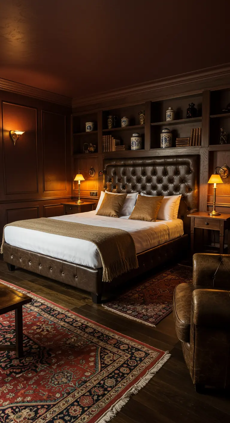 Donkerbruine slaapkamer met houten lambrisering, leren bed, boekenkasten en warme verlichting.