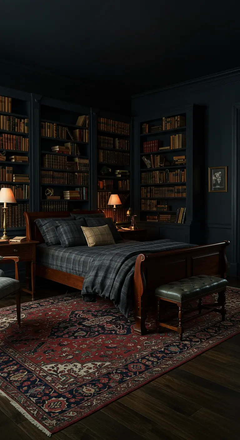 Klassieke donkere slaapkamer met ingebouwde boekenkasten en traditioneel tapijt.