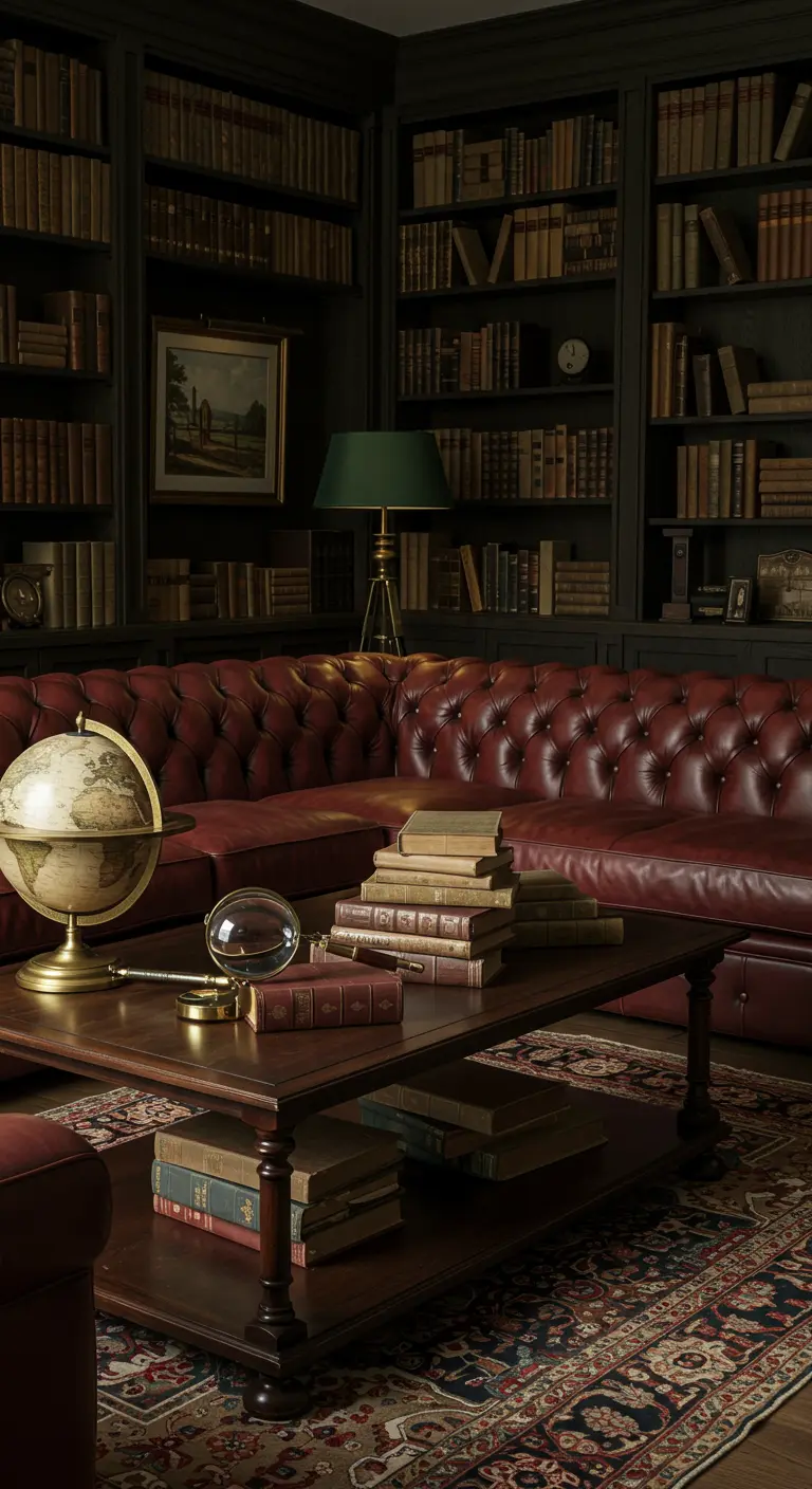 Rode lederen Chesterfield hoekbank in klassieke bibliotheek met donkere boekenkasten.