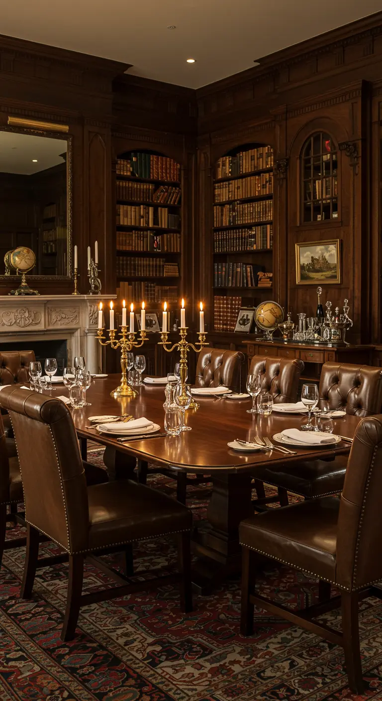 Donkere bibliotheek eetkamer met houten tafel, leren stoelen en gouden kandelaren.