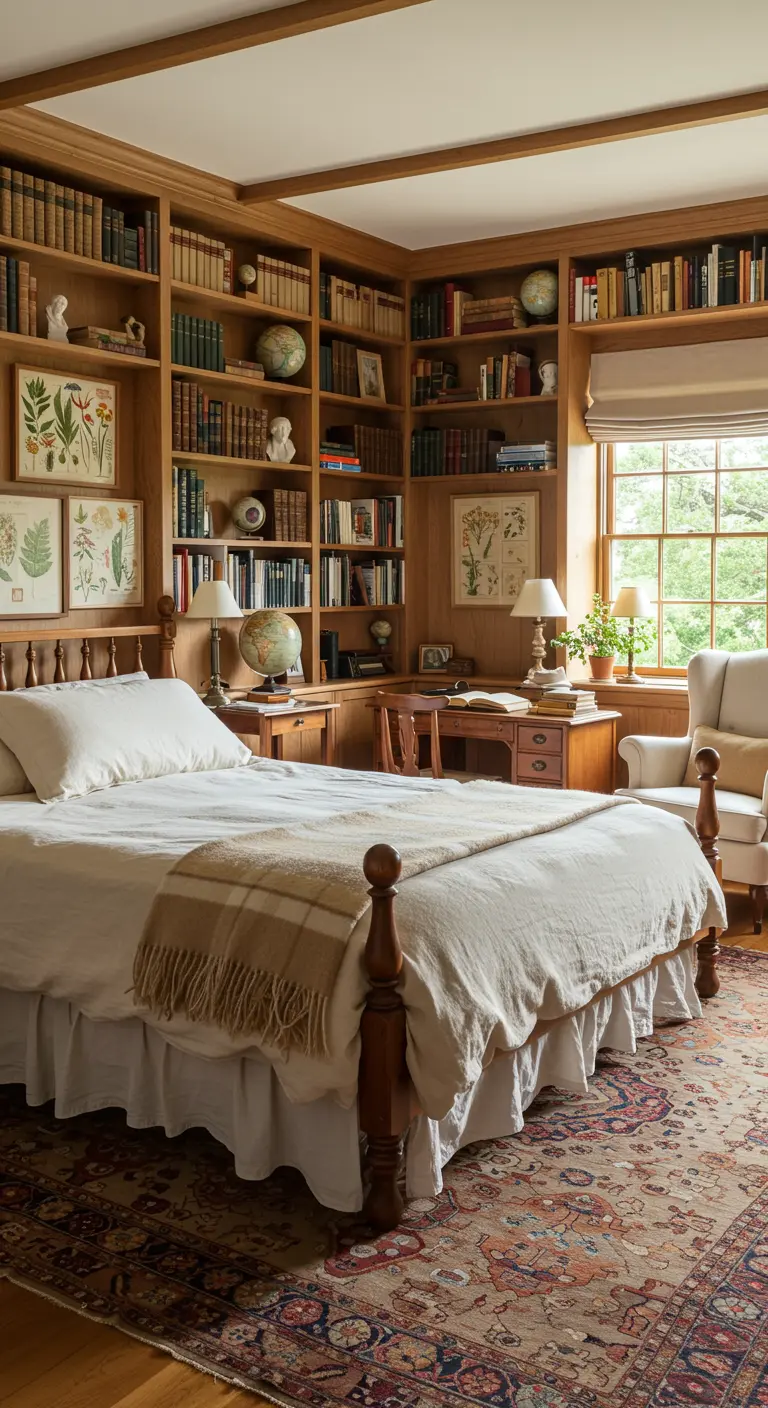 Klassieke slaapkamer met wandvullende boekenkasten, houten bed en een studiehoek.