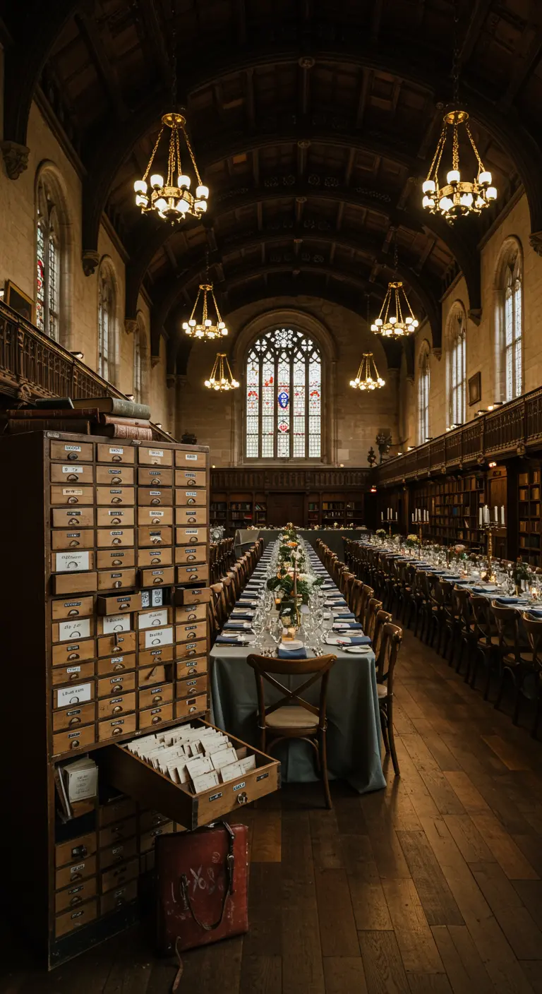 Lange gedekte tafels in een historische bibliotheek, met een oude kaartenbak voor de tafelindeling.