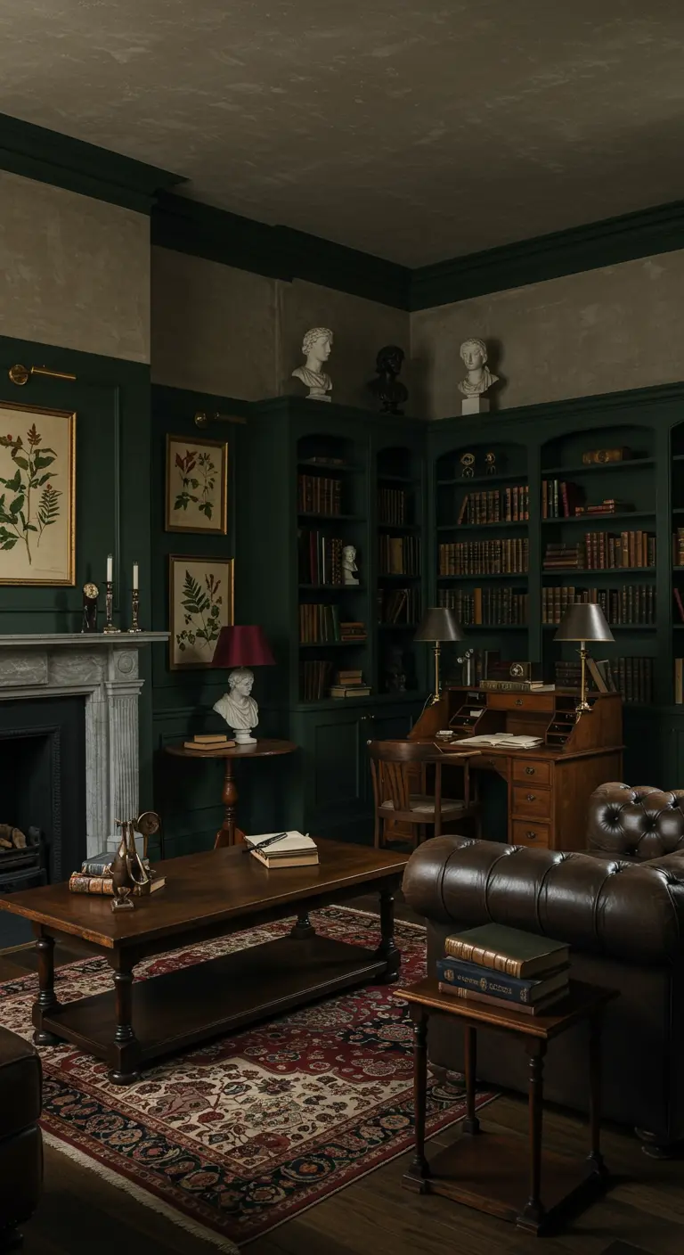 Donkergroene woonkamer/bibliotheek met de kleur tot op hoge lambriseringshoogte.