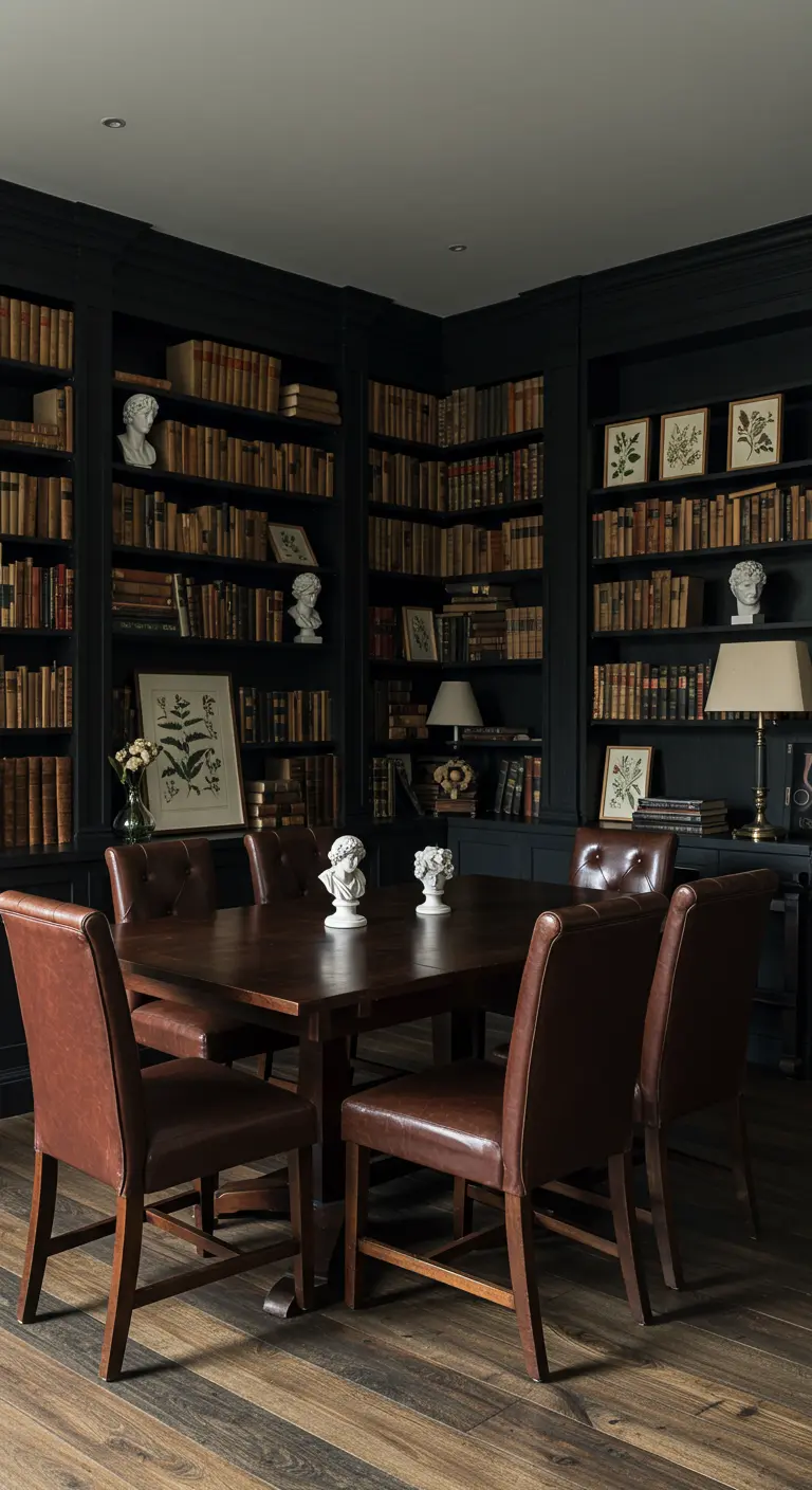 Eethoek in bibliotheekstijl met donkere, kamerhoge boekenkasten en leren stoelen.