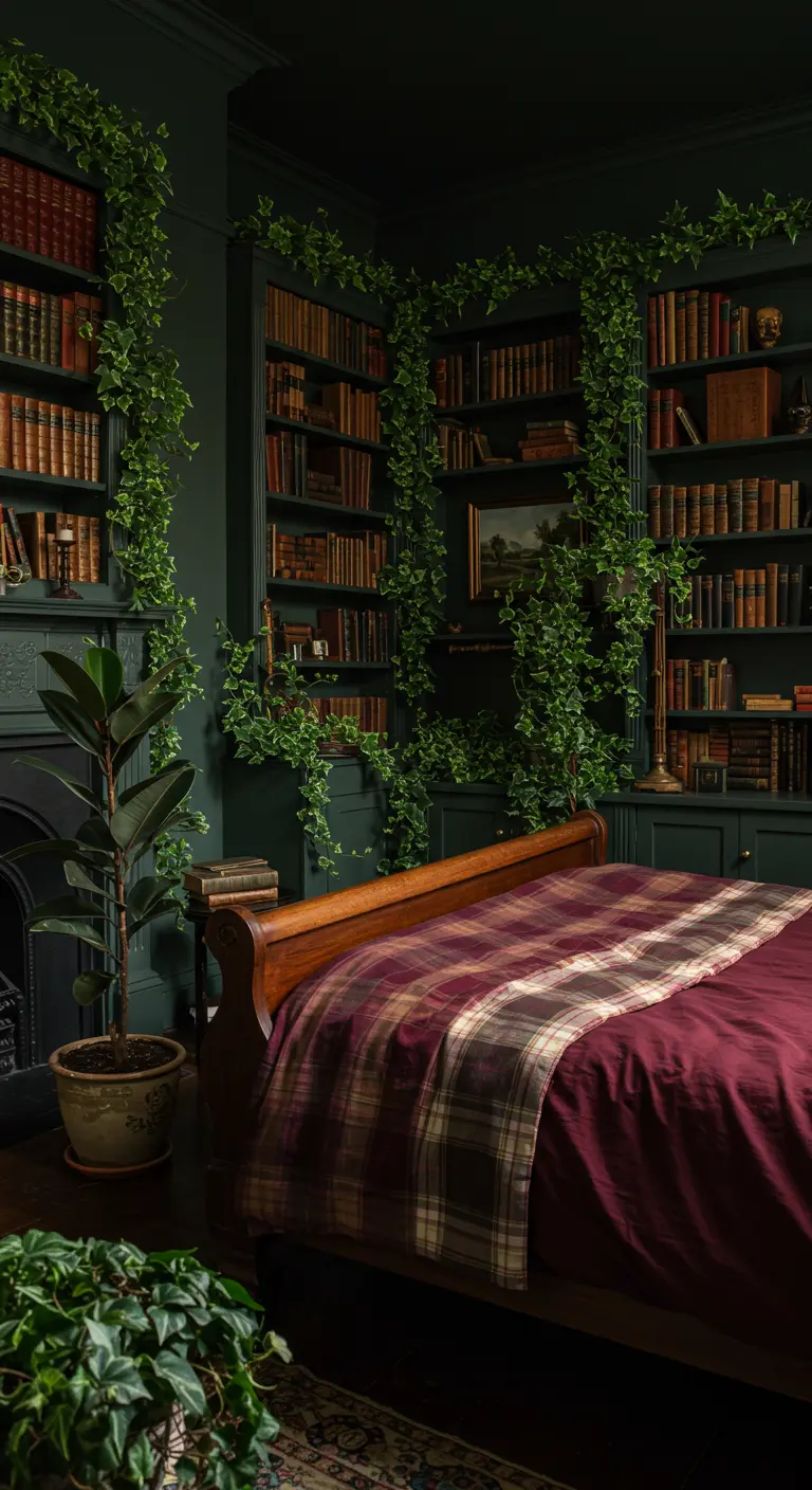 Donkere slaapkamer met boekenkasten waar klimplanten overheen groeien en een Ficus Elastica.
