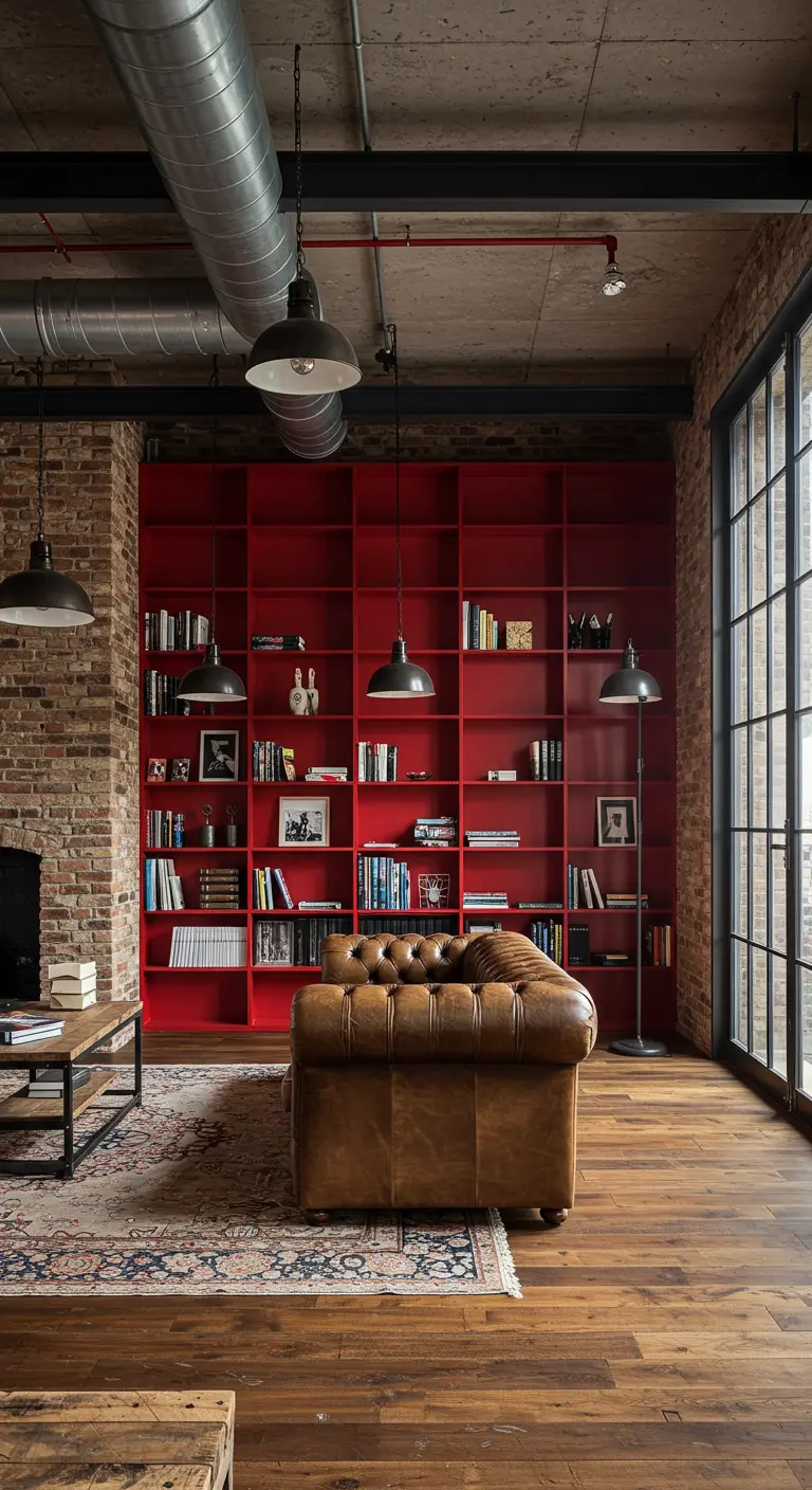 Industriële woonkamer met grote, rode boekenkast en bakstenen muur.