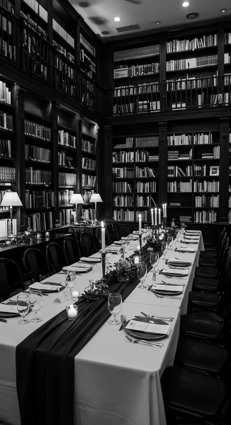 Intiem diner in een bibliotheek met lange zwart-wit gedekte tafel en kaarslicht.