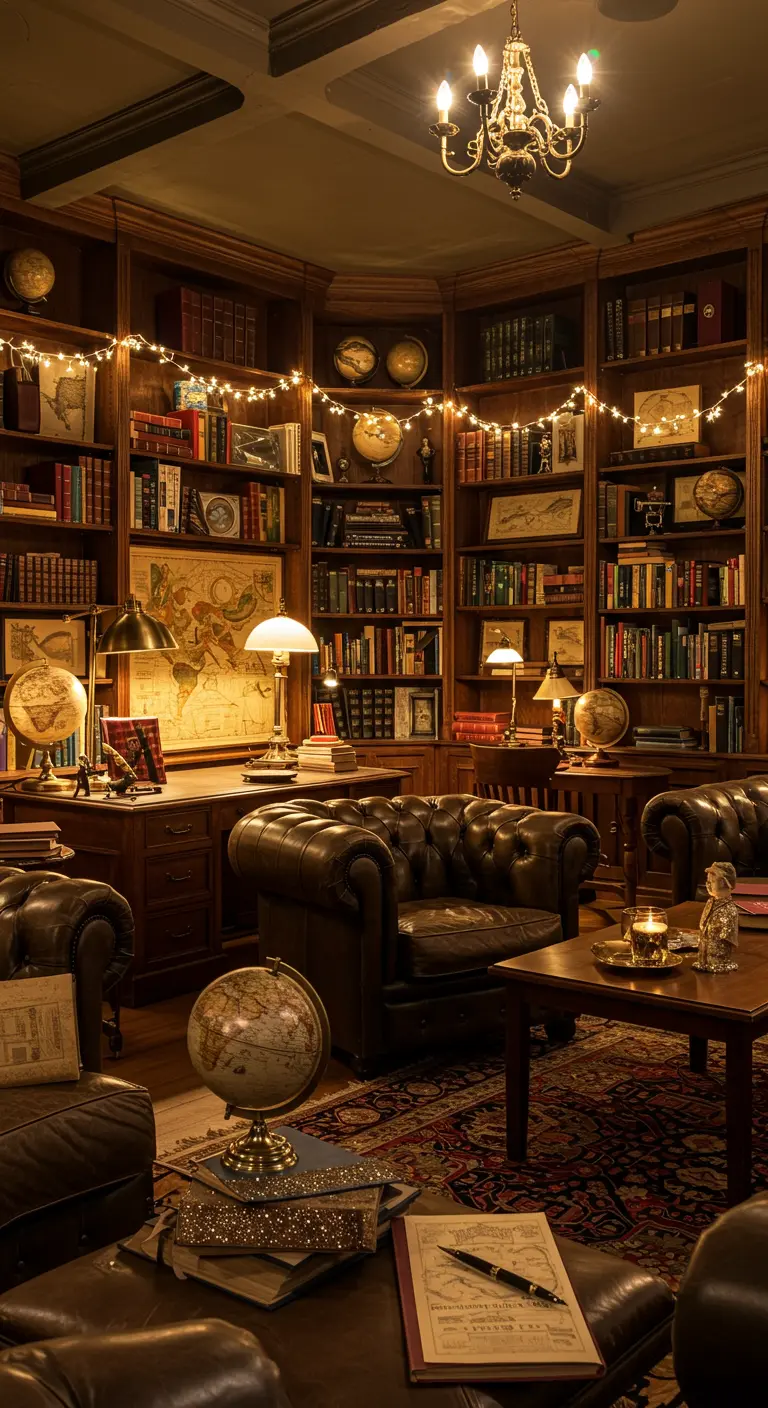 Klassieke bibliotheek met boekenkasten, leren fauteuils en warme lichtslingers.