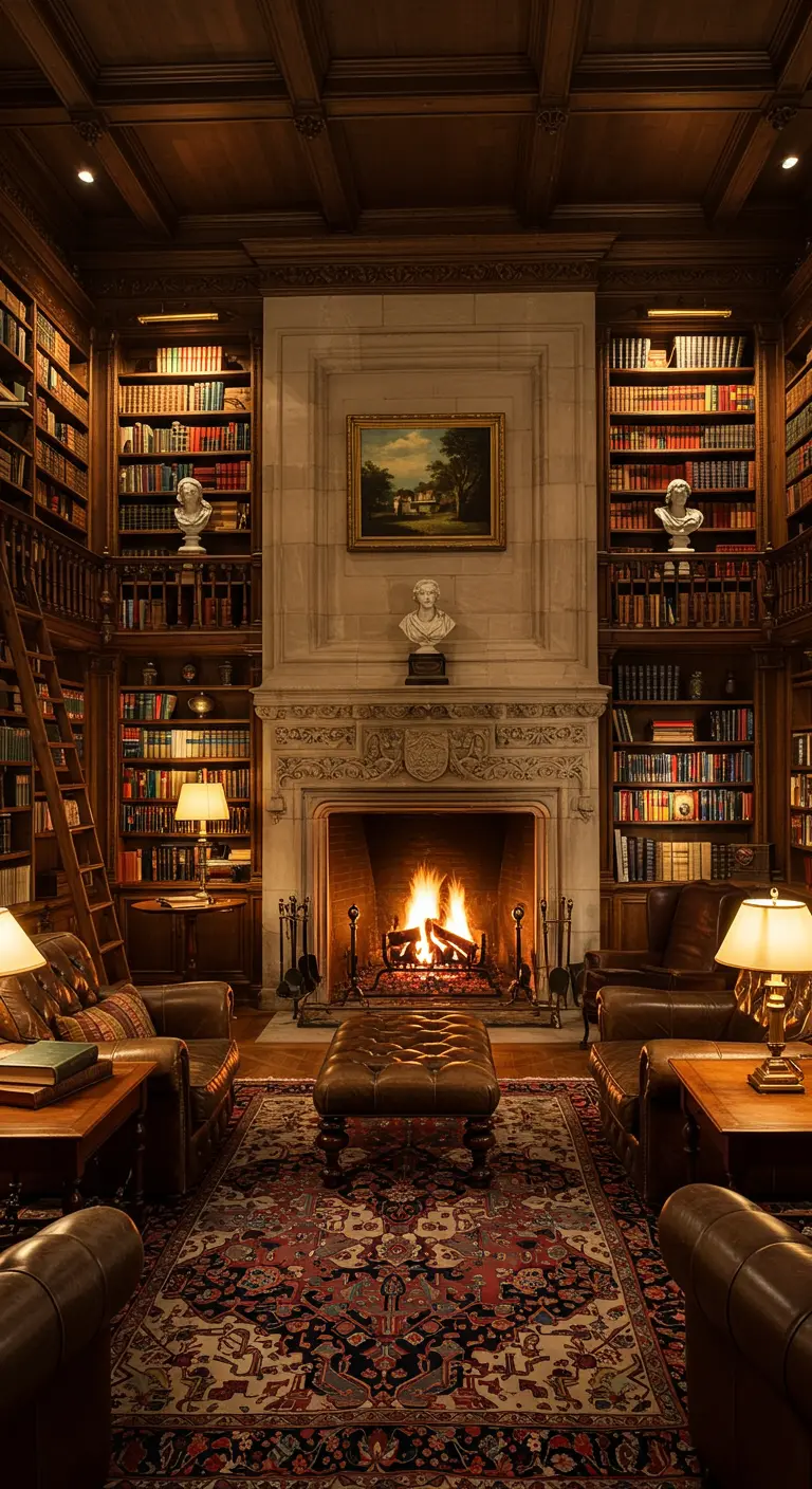 Traditionele bibliotheek met grote klassieke haard, leren fauteuils en wandhoge boekenkasten.