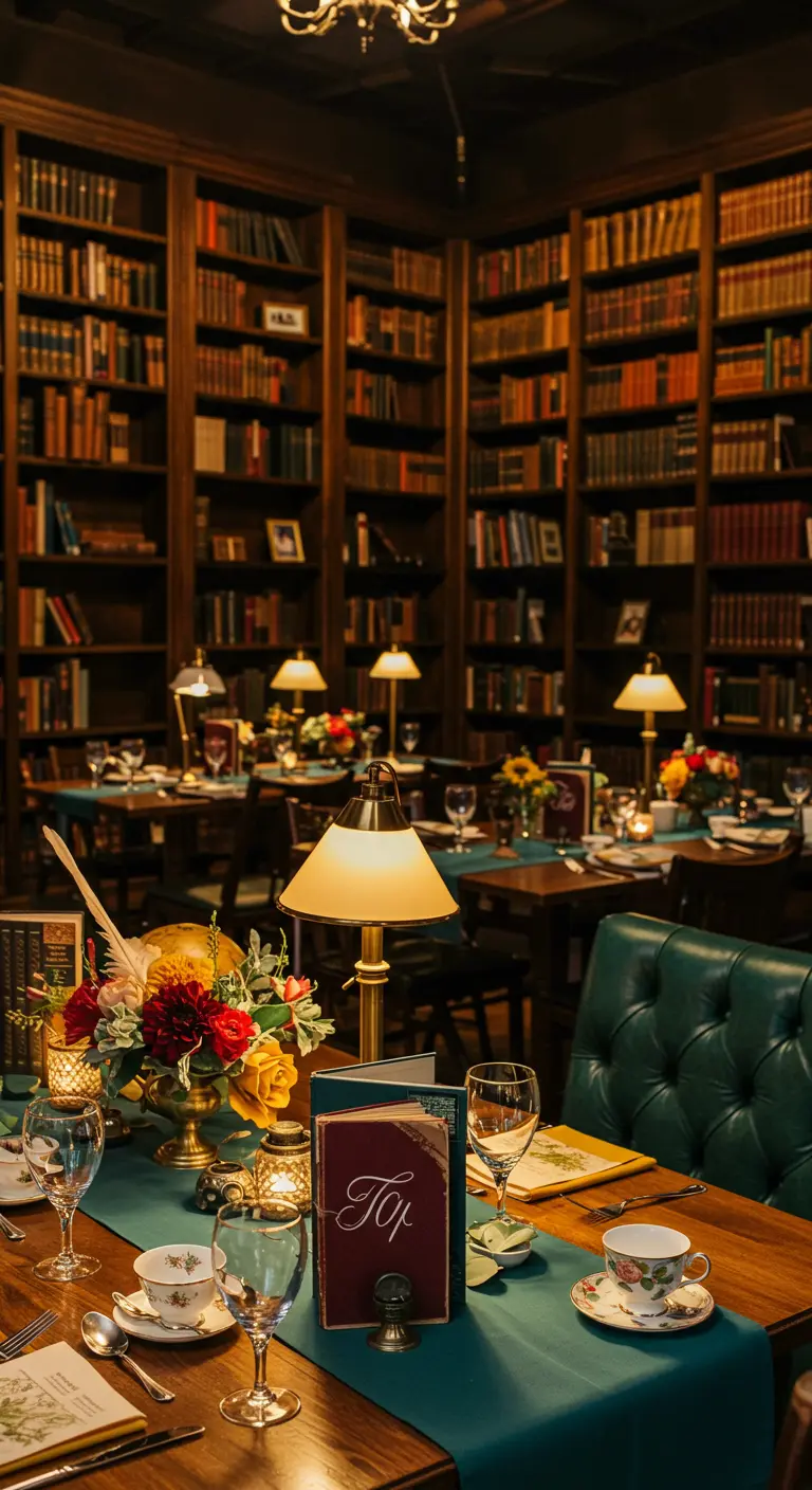 Intieme dineropstelling in een bibliotheek met schemerlampen op tafel en donkergroene accenten.