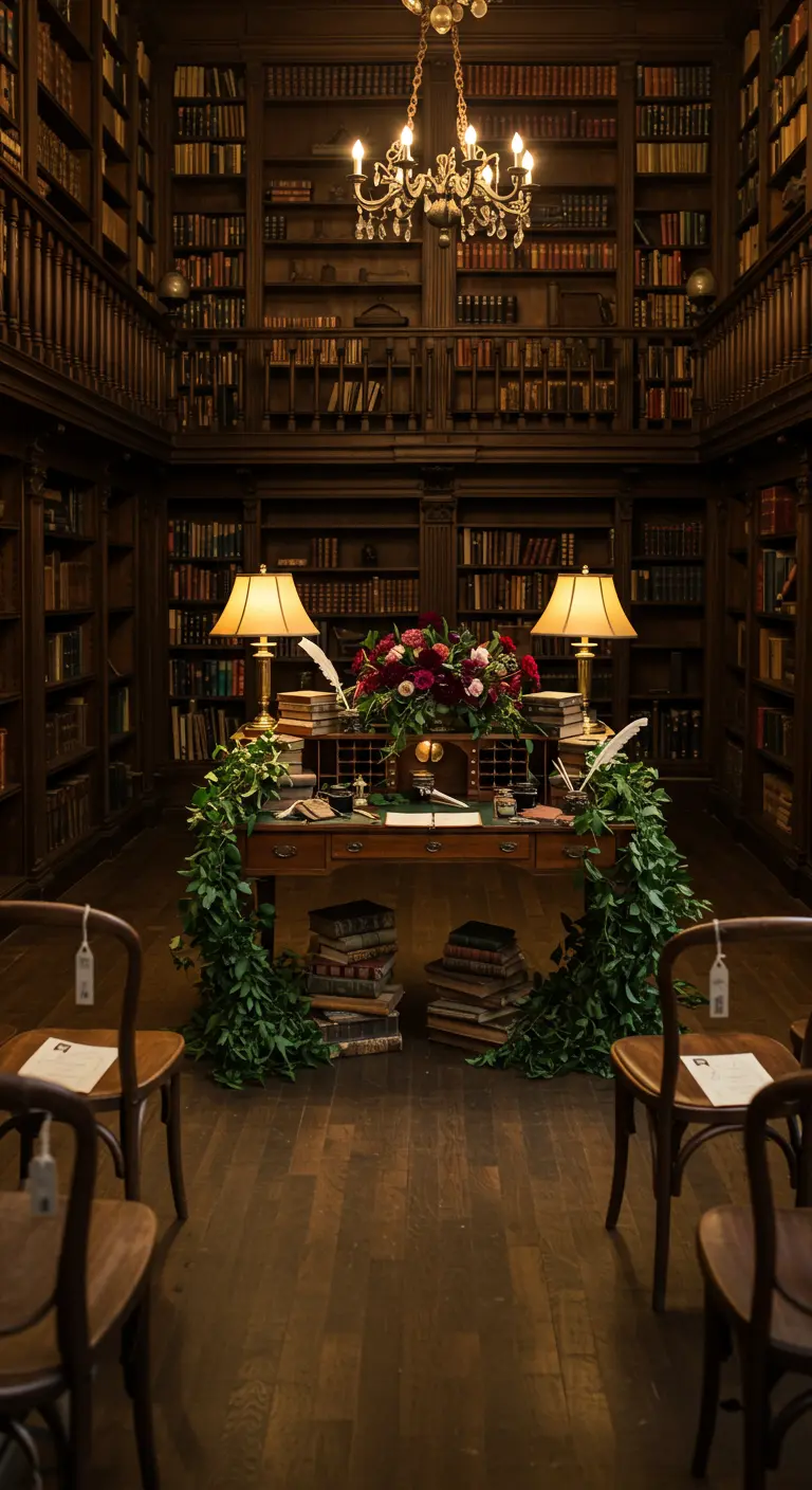 Intieme bruiloftssetting in een bibliotheek met een bureau als altaar, boeken en bloemen.