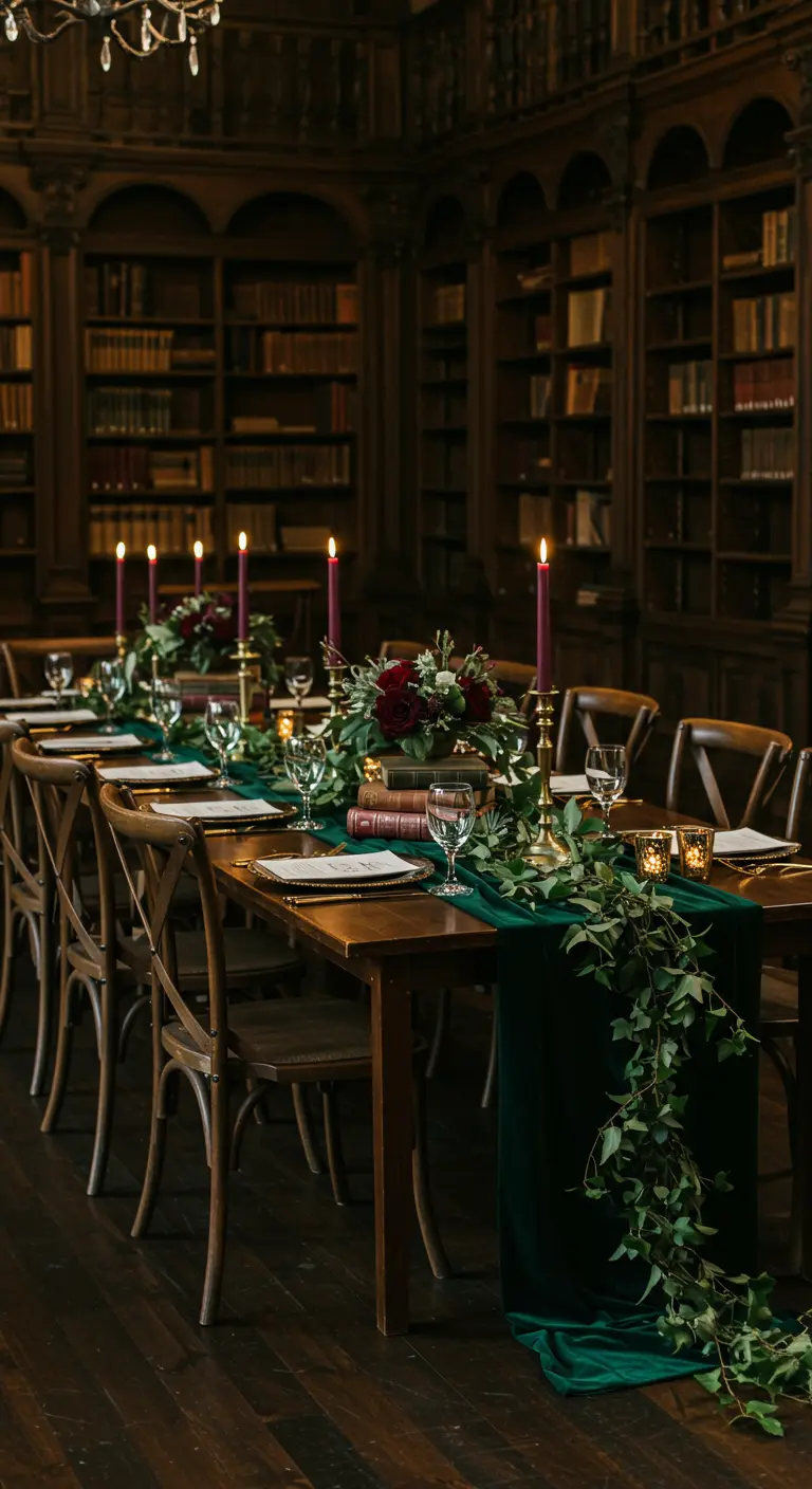 Donkere, sfeervolle tafel in bibliotheek met groene fluwelen loper, boeken en rode rozen.