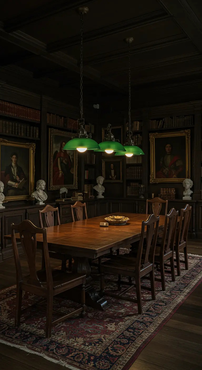 Drie groene bibliotheeklampen boven een lange donkerhouten eettafel in een klassieke bibliotheekachtige eetkamer.