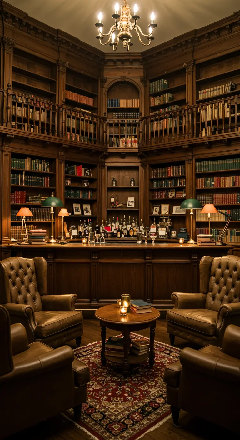 Bar in een klassieke bibliotheek met leren fauteuils, boekenplanken en schemerlampen.