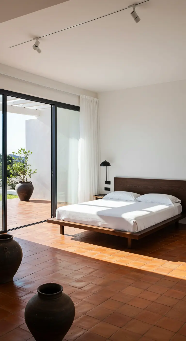 Minimalistische slaapkamer met houten bed, glazen schuifdeuren naar tuin, grote potten.