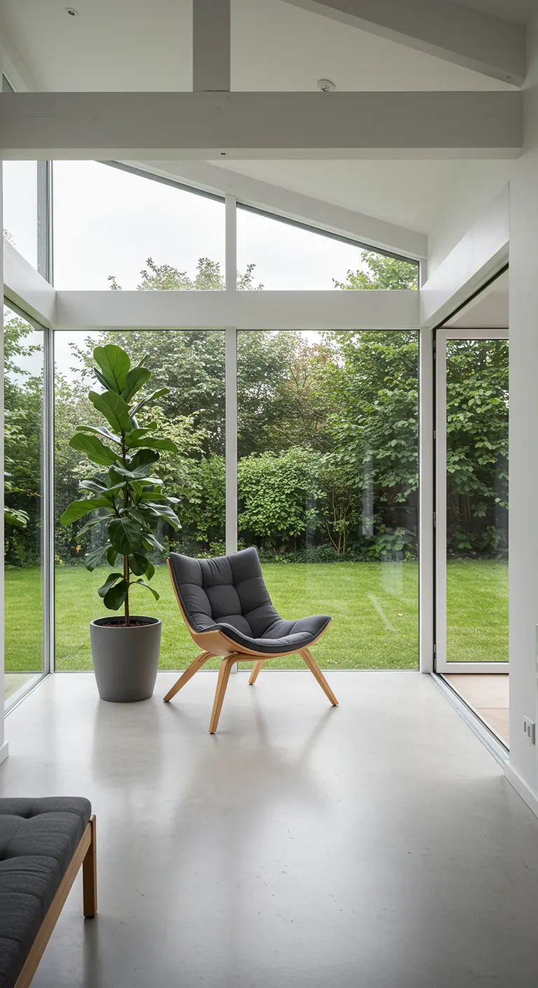 Scandinavische lounge stoel met houten frame en grijs kussen, bij een groot raam met uitzicht op een tuin.