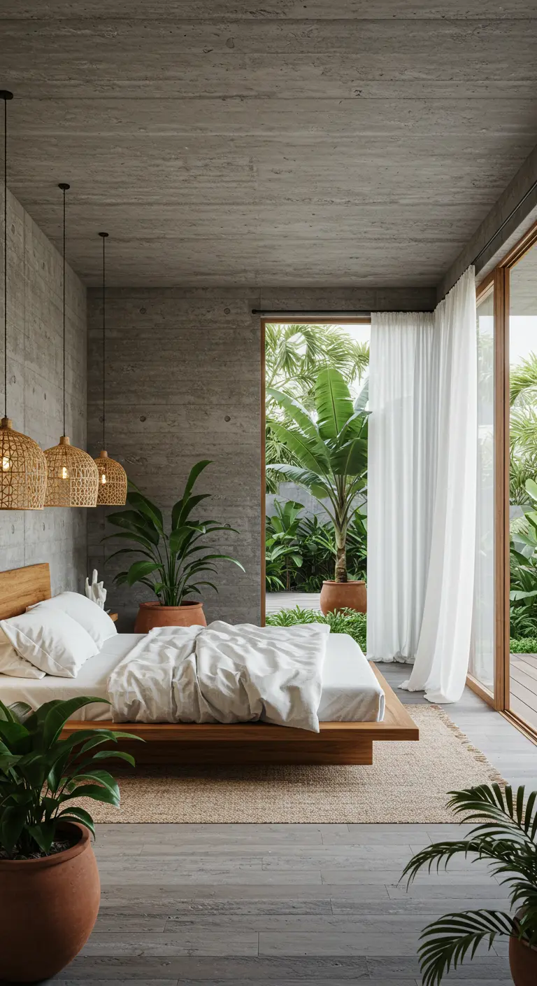 Slaapkamer met betonnen muren, houten bed, veel planten en uitzicht op tuin.