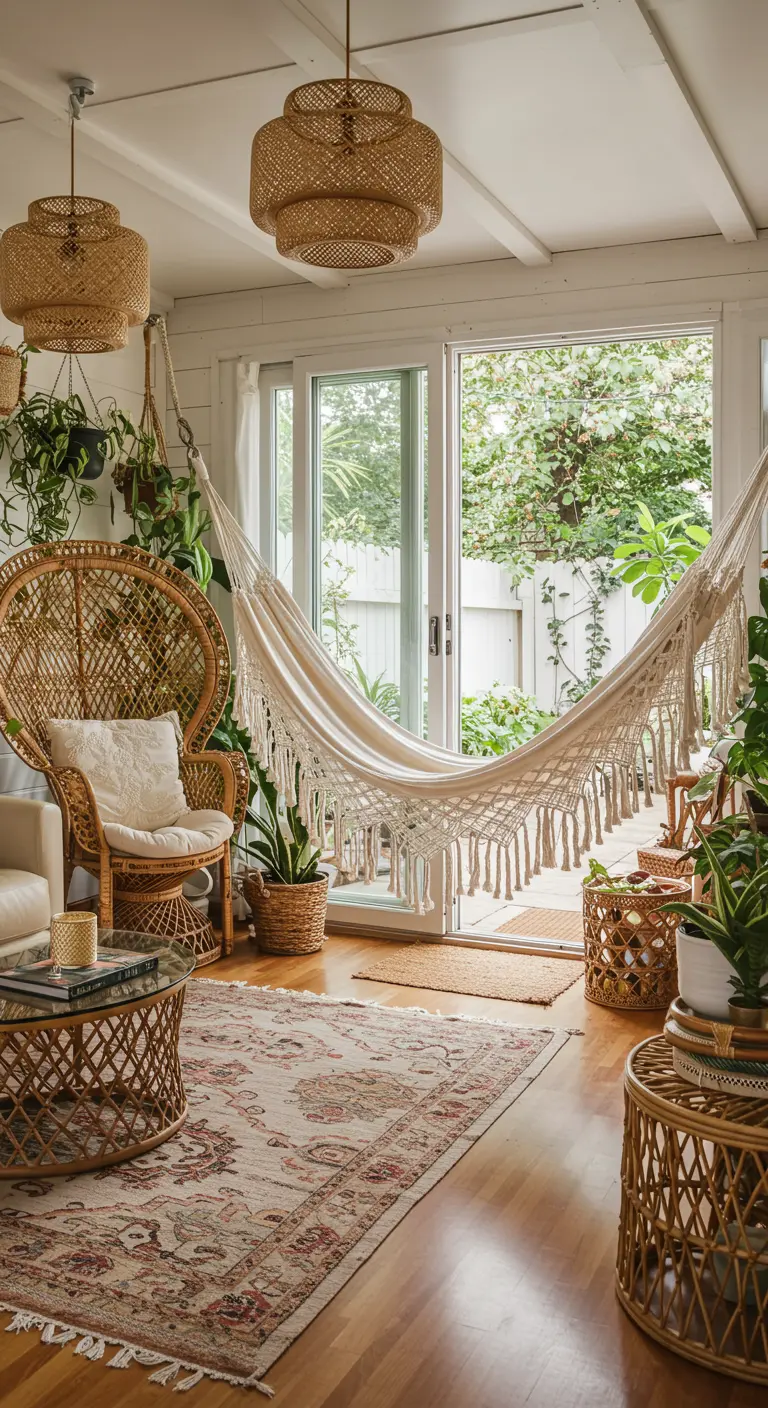 Witte macramé hangmat in een bohemian woonkamer met rotan meubels en veel planten.