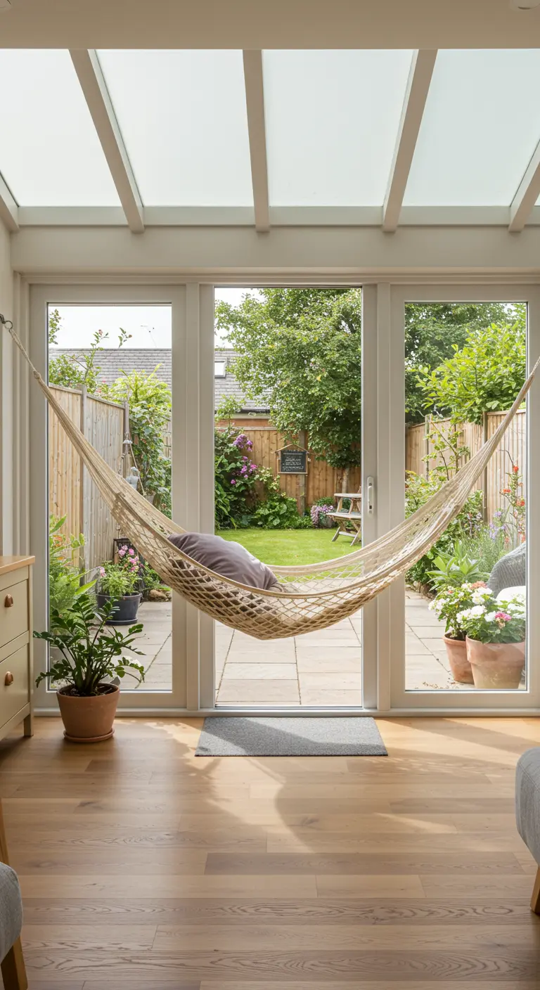 Naturel hangmat opgehangen in een serre met open deuren naar de tuin.
