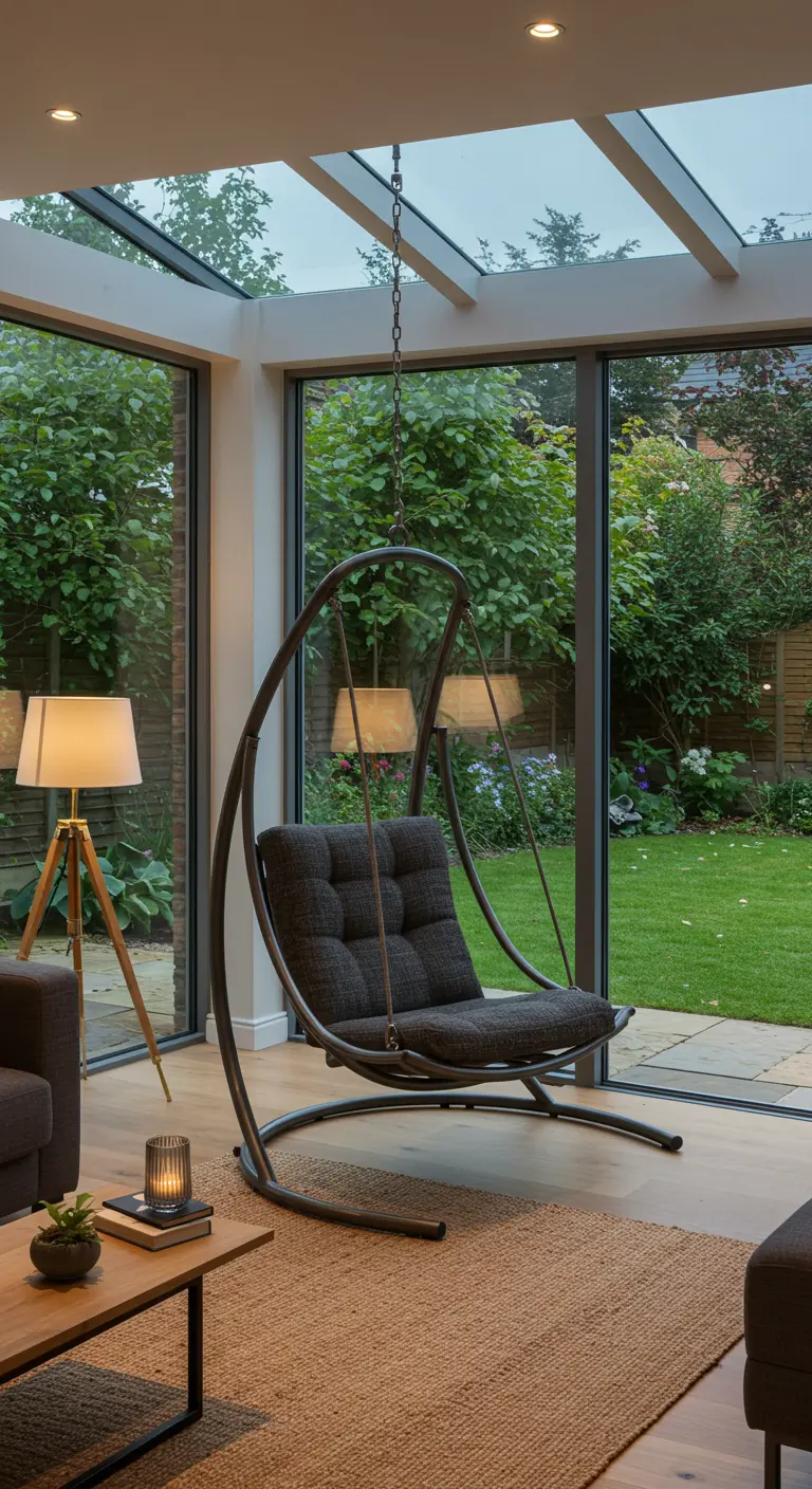 Donker metalen hangstoel met grijze kussens in een serre met uitzicht op een groene tuin.