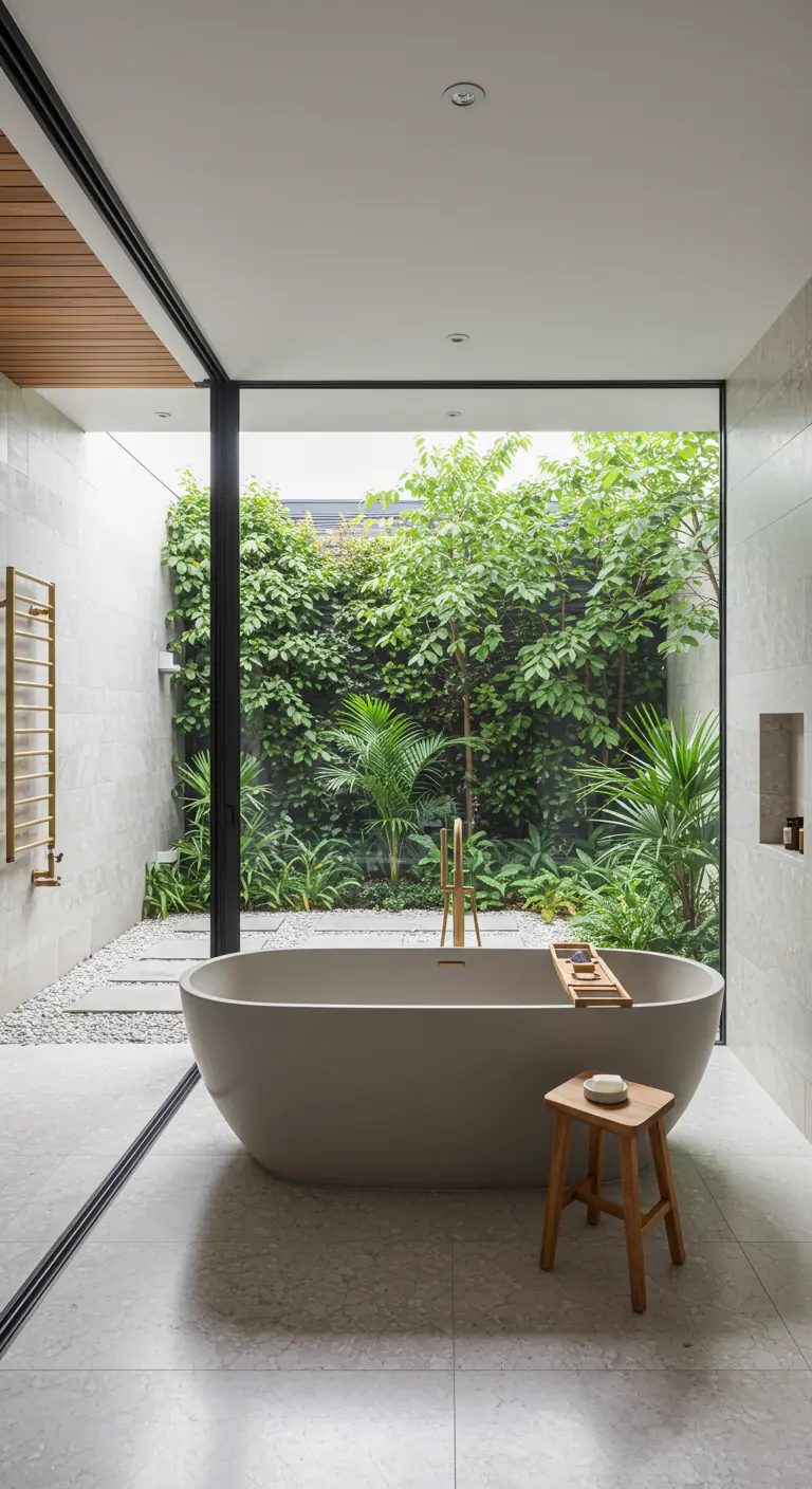 Badkamer met groot raam naar groene patio, vrijstaand bad en messing handdoekradiator.